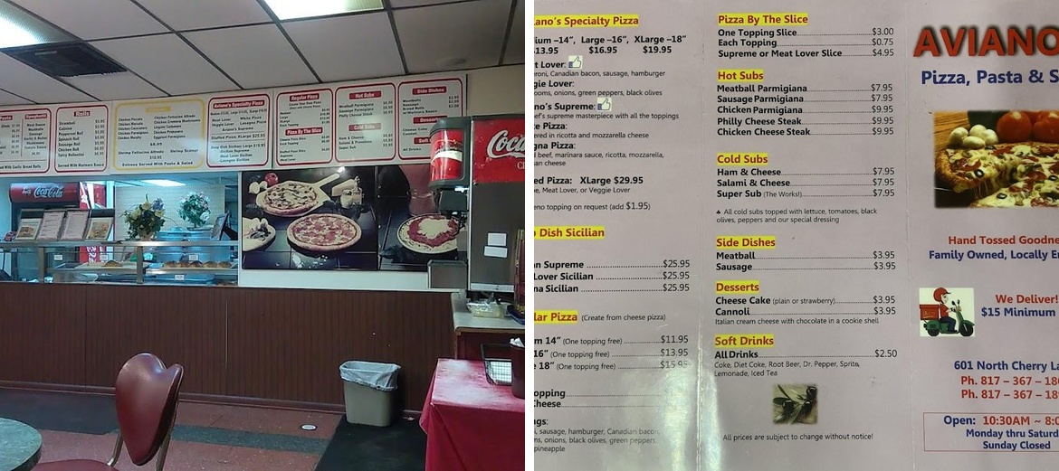 Aviano's Pizza Pasta Subs Menu